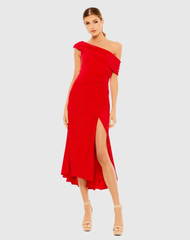 Red Ruched Off-The-Shoulder Midi Dress sold by Mac Duggal