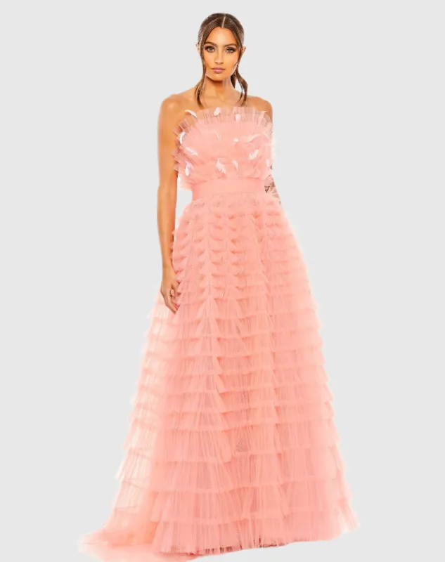 Pink Strapless Ruffle Gown with Feathers sold by Mac Duggal