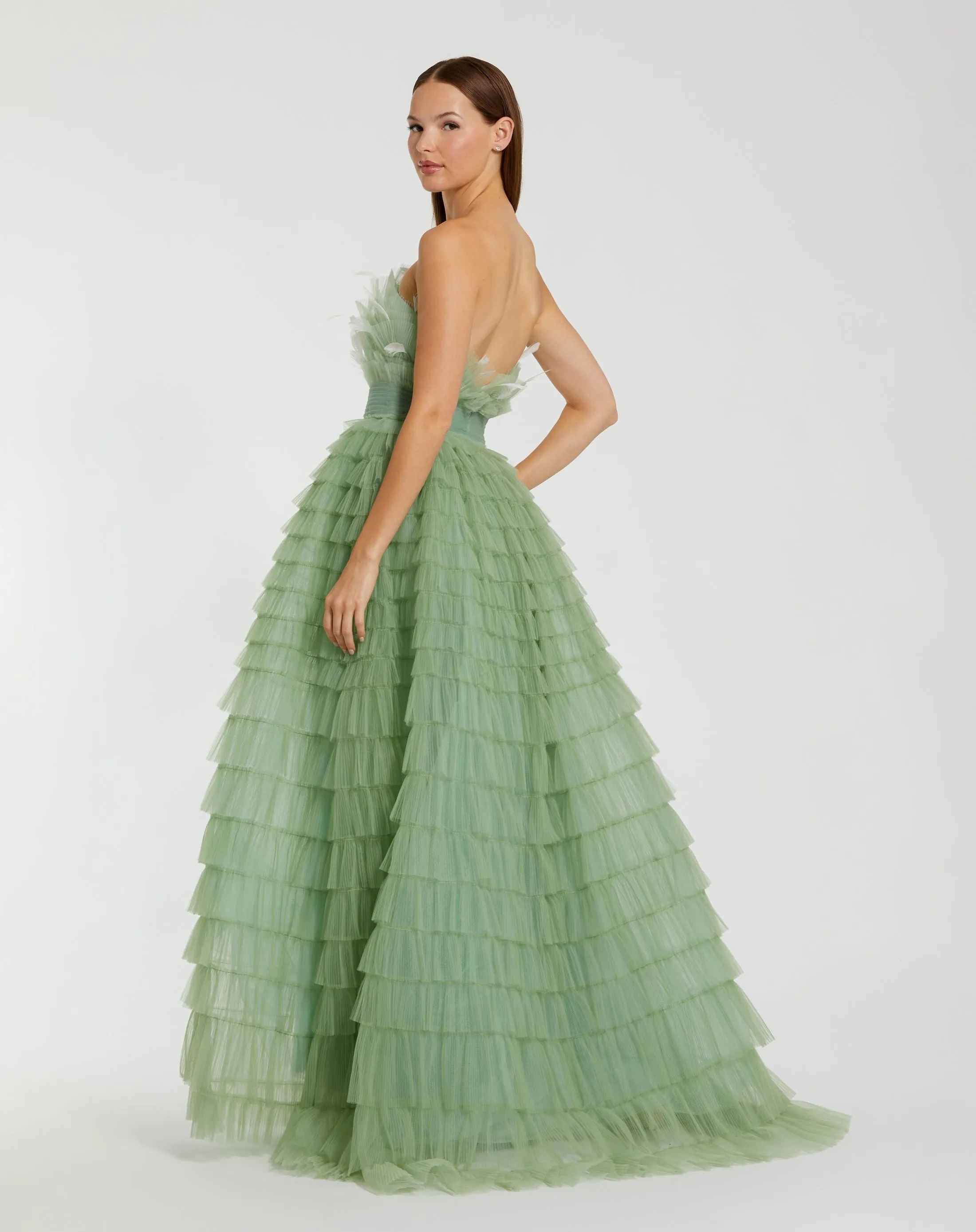 Green Strapless Ruffle Gown with Feathers sold by Mac Duggal product image thumbnail 3