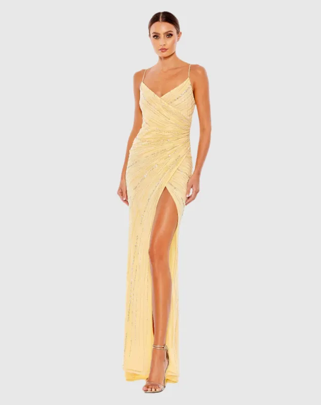 Yellow Beaded Sleeveless Faux Wrap Gown sold by Mac Duggal