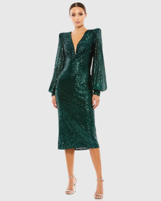 Green Sequined Structured Bishop Sleeve Midi Dress sold by Mac Duggal