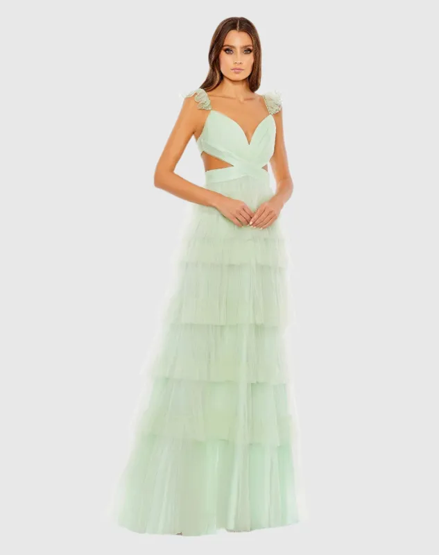 Green Ruffle Tiered Tulle Cut Out Gown sold by Mac Duggal