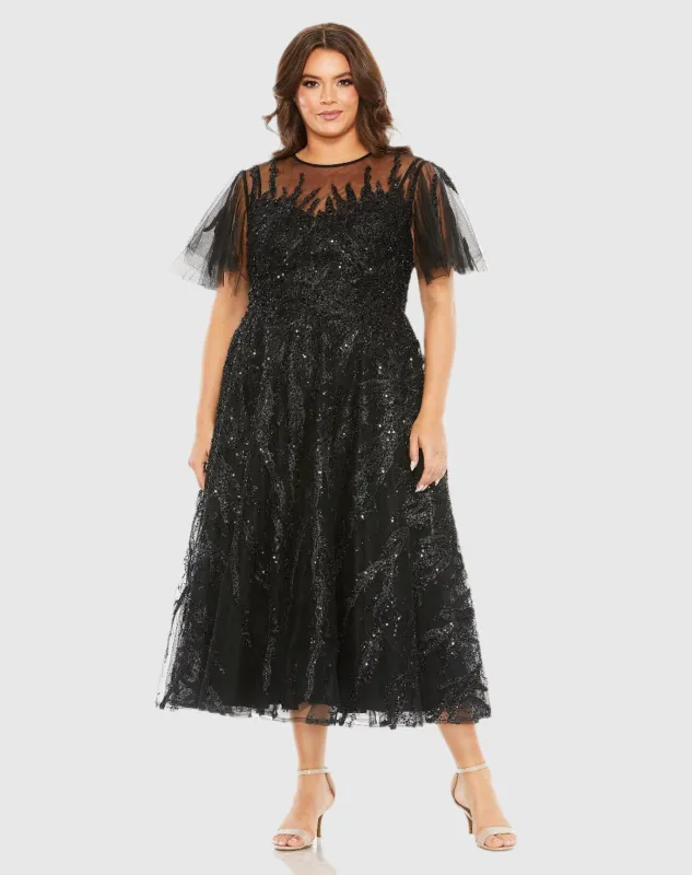 Black High Neck Flutter Sleeve A Line Embellished Dress sold by Mac Duggal