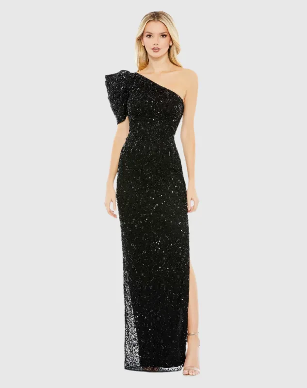 Black Embellished Puff One Shoulder Column Gown sold by Mac Duggal