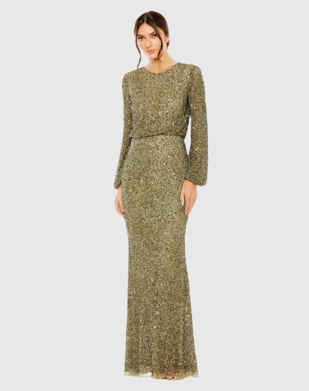High Neck Long Sleeve Beaded Blouson Gown sold by Mac Duggal
