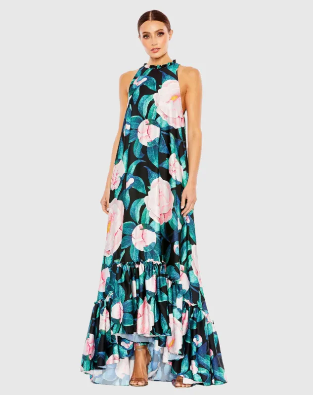 Multicolor High Neck Floral Babydoll Long Dress sold by Mac Duggal