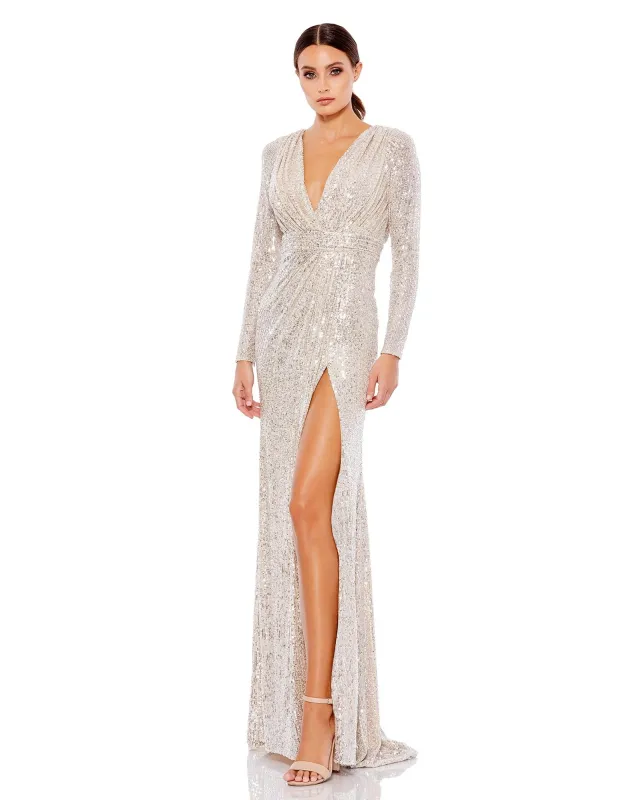 Silver Sequined Long Sleeve Gown sold by Mac Duggal