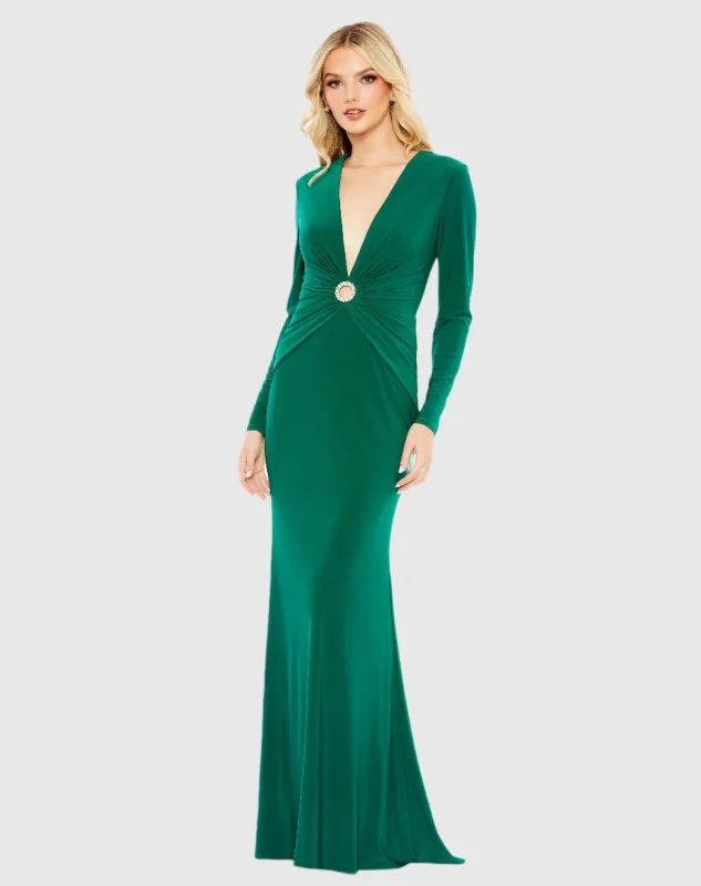 Gathered Pearl Long Sleeve Keyhole Gown sold by Mac Duggal