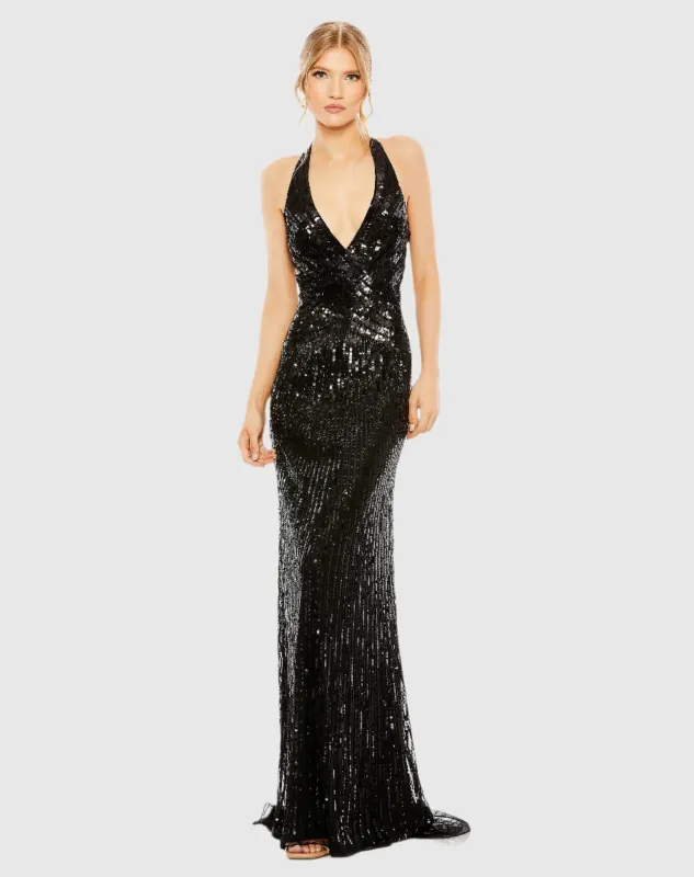 Sleeveless Faux Wrap Sequin Embellished Cut Out Back sold by Mac Duggal
