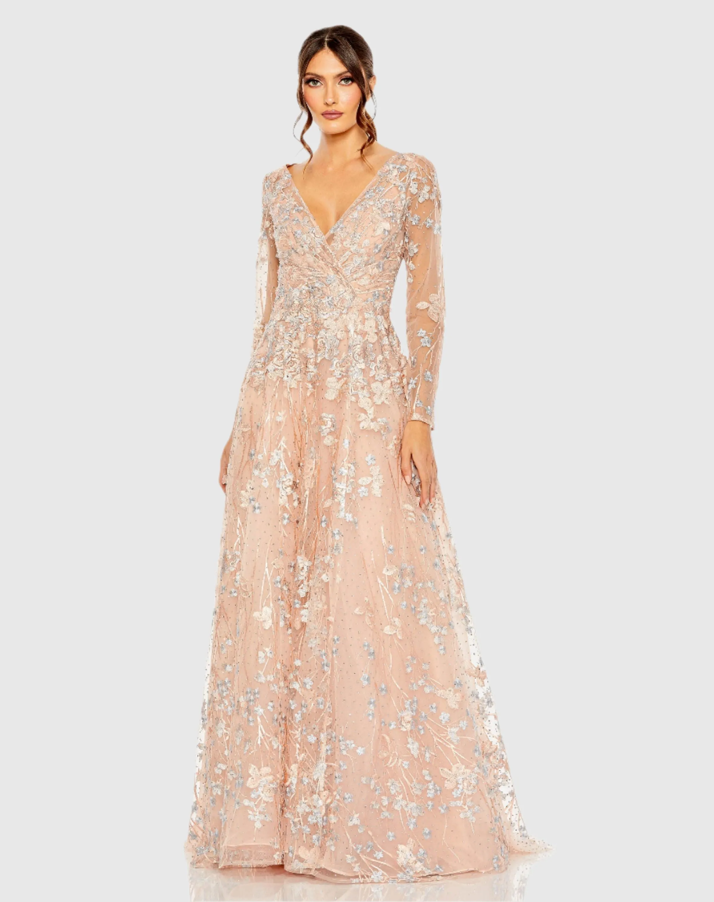 Embroidered Lace Wrap Over Illusion Long Sleeve A Line Gown sold by Mac Duggal product image thumbnail 2