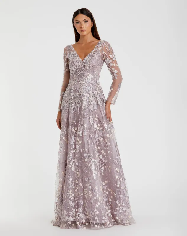 Embroidered Lace Wrap Over Illusion Long Sleeve A Line Gown sold by Mac Duggal