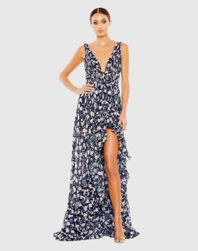 Navy Multicolor Floral Print Sleeveless Ruffled High-Low Gown sold by Mac Duggal