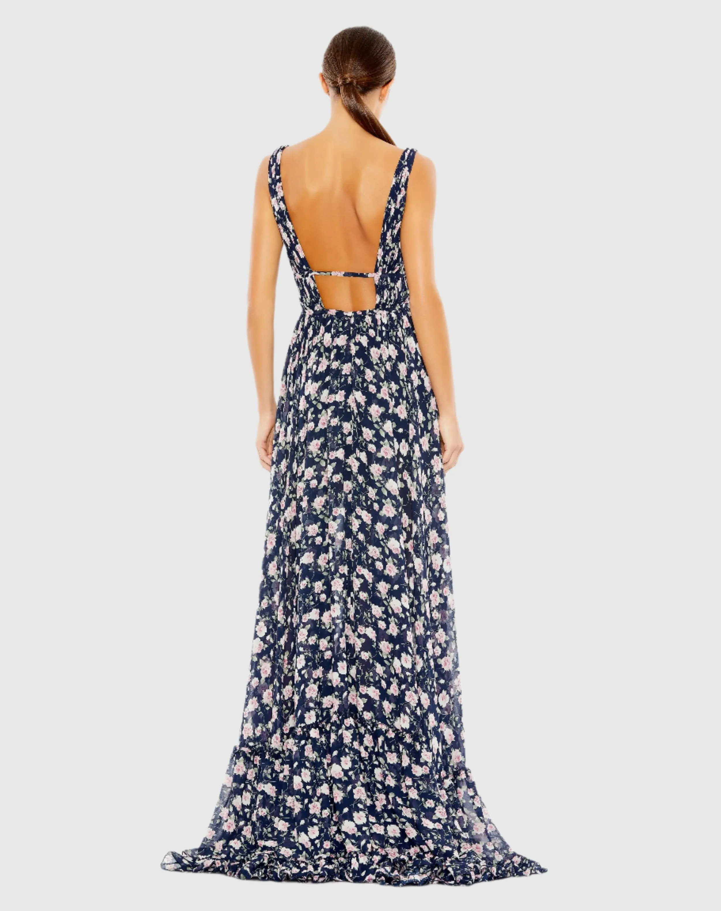 Navy Multicolor Floral Print Sleeveless Ruffled High-Low Gown sold by Mac Duggal product image thumbnail 3