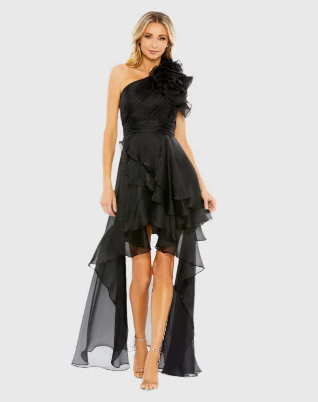 Black One Shoulder Ruffle High Low Gown sold by Mac Duggal