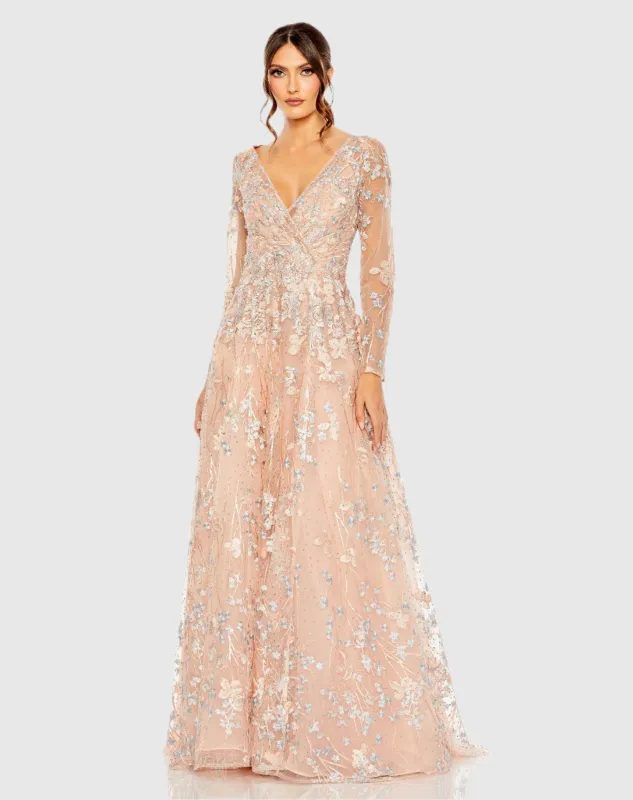 Pink Embroidered Lace Wrap Over Illusion Long Sleeve A Line Gown sold by Mac Duggal