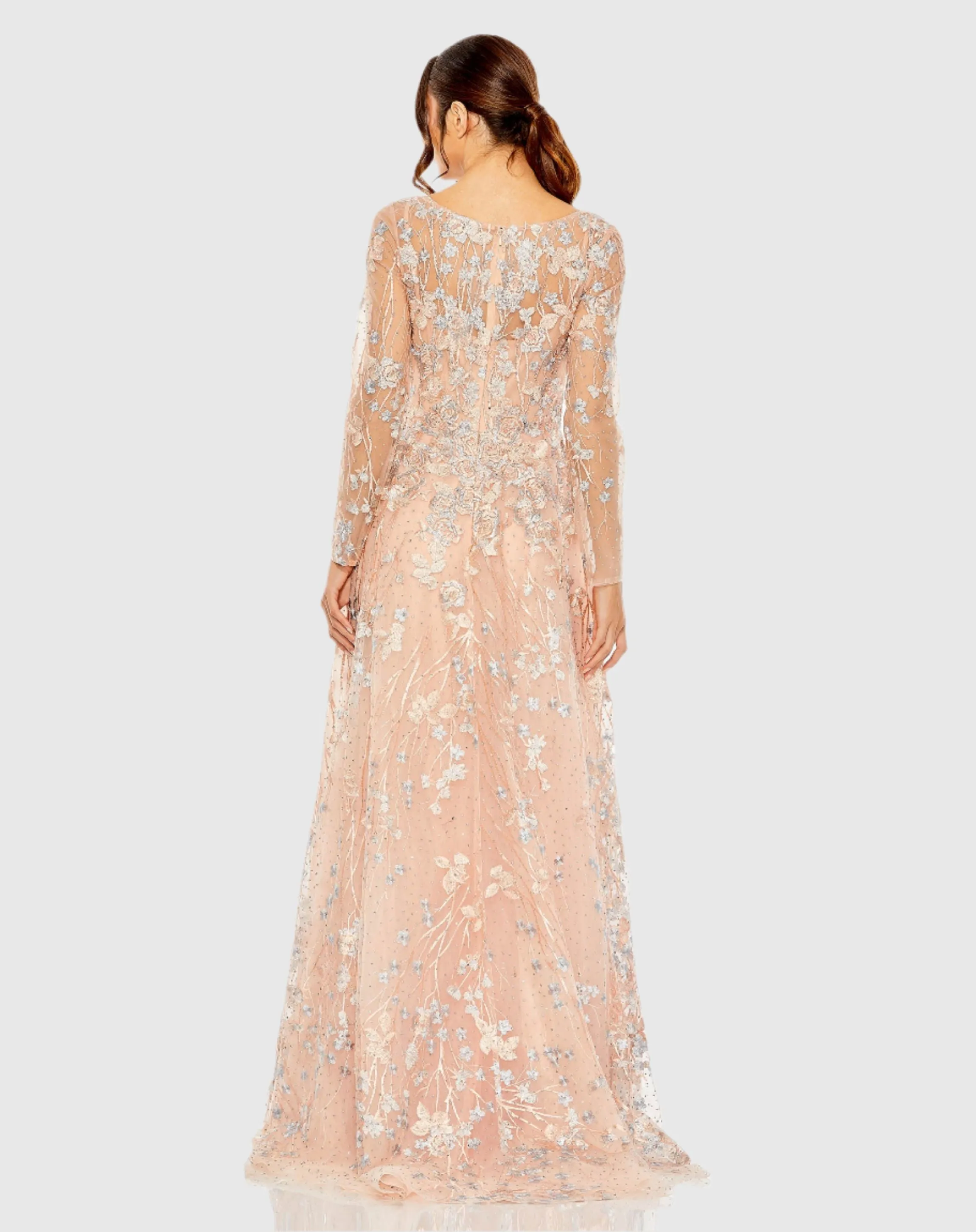 Pink Embroidered Lace Wrap Over Illusion Long Sleeve A Line Gown sold by Mac Duggal product image thumbnail 3