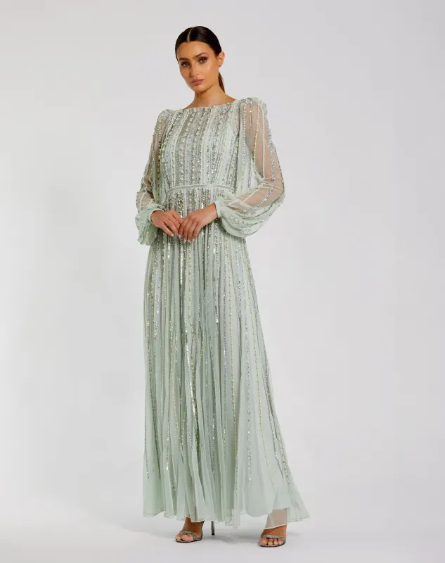 High Neck Long Sleeve A-line Gown With Pearl Beading sold by Mac Duggal