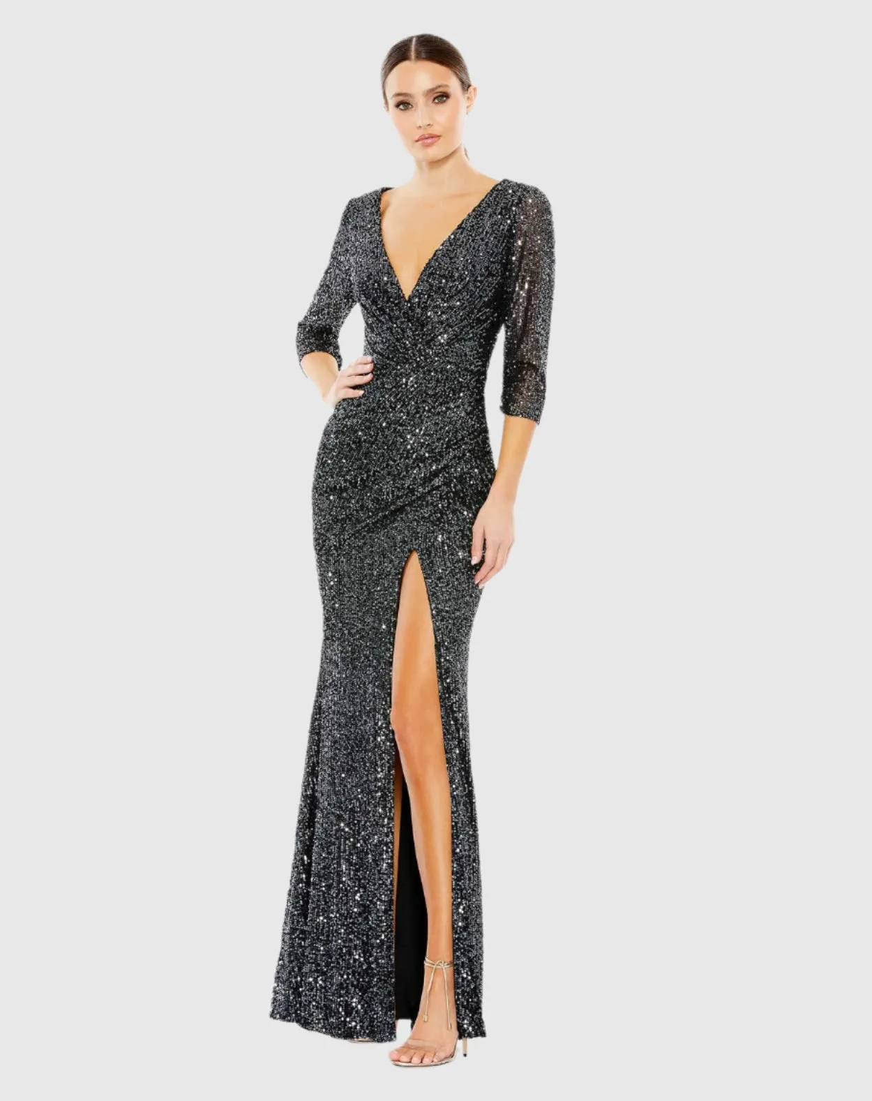 Sequined Draped 3/4 Sleeve Gown sold by Mac Duggal