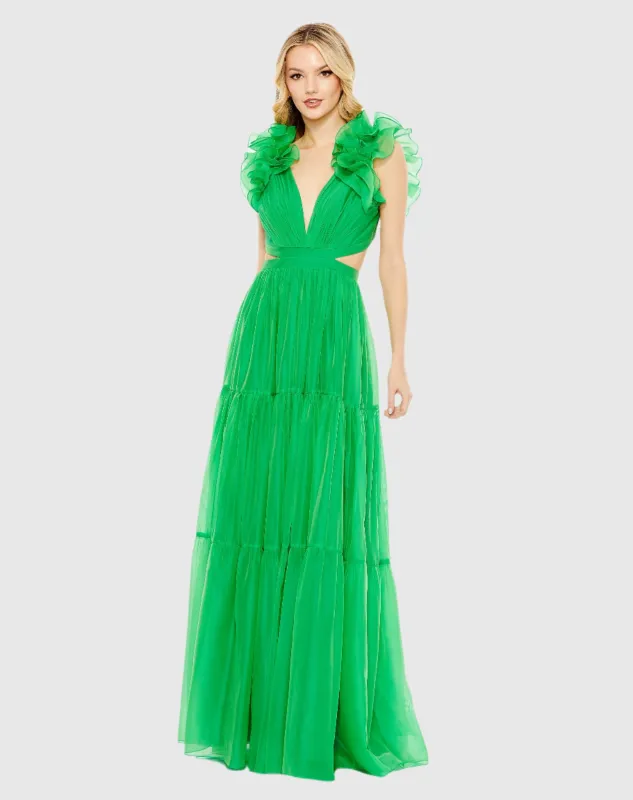 Ruffled Shoulder Cut Out Soft Tie Back Tiered Gown sold by Mac Duggal