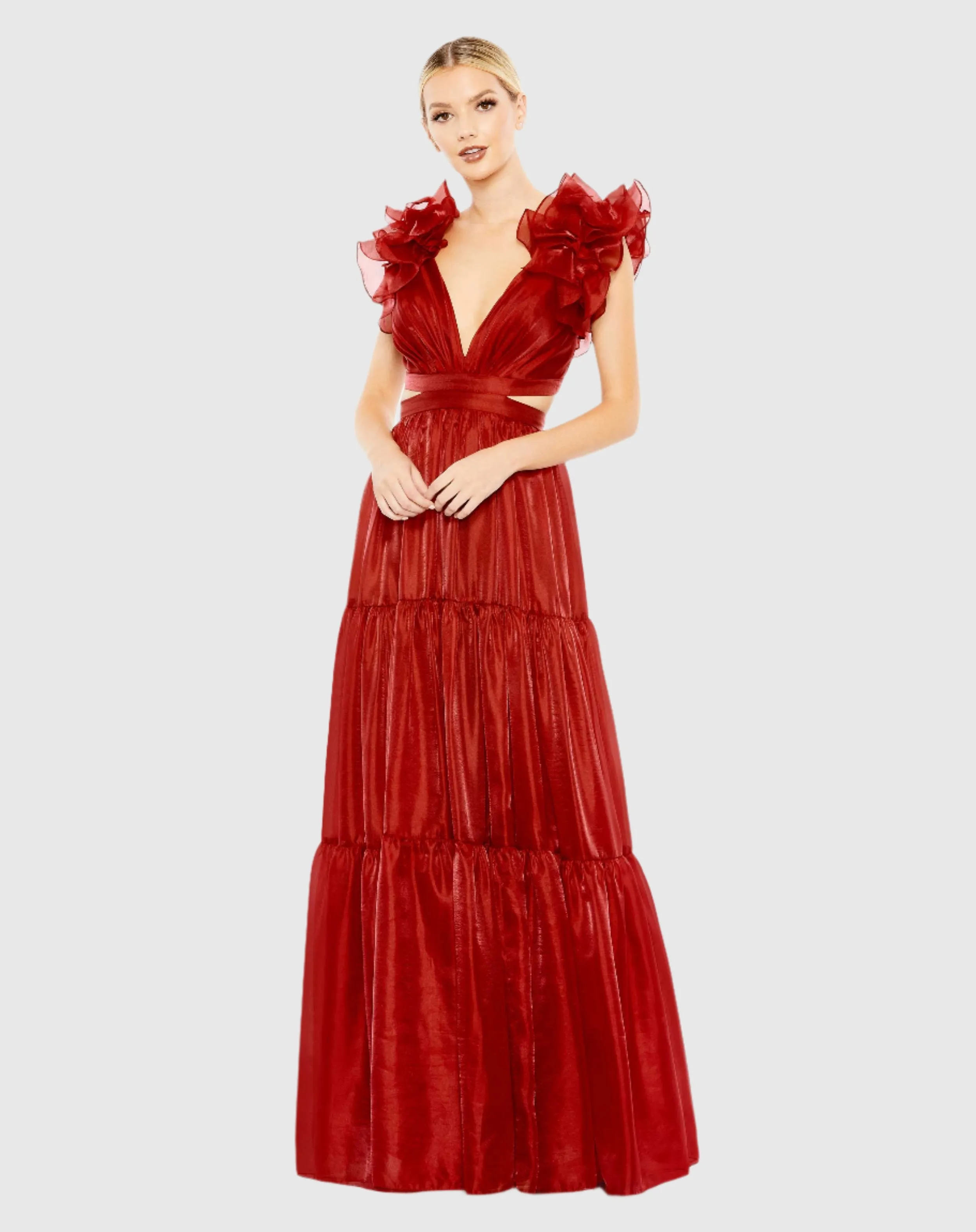 Ruffled Shoulder Cut Out Soft Tie Back Tiered Gown sold by Mac Duggal product image thumbnail 2
