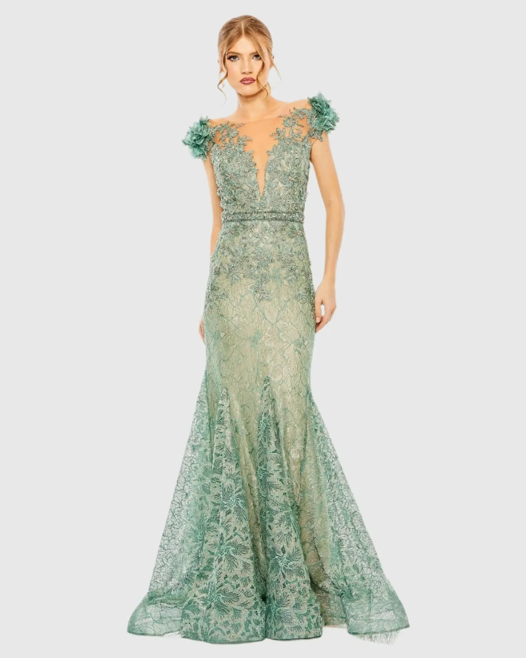 Green Illusion Bodice Embroidered Trumpet Gown sold by Mac Duggal