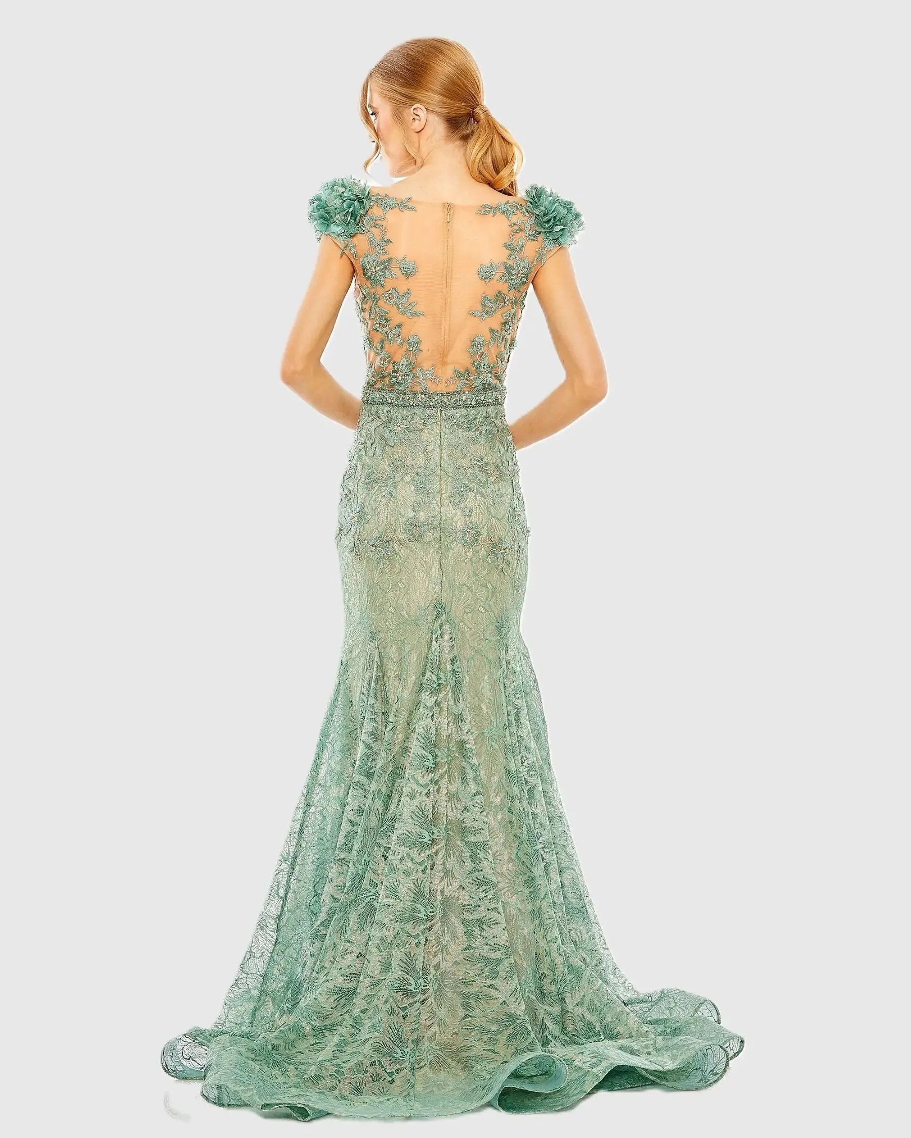 Green Illusion Bodice Embroidered Trumpet Gown sold by Mac Duggal product image thumbnail 2
