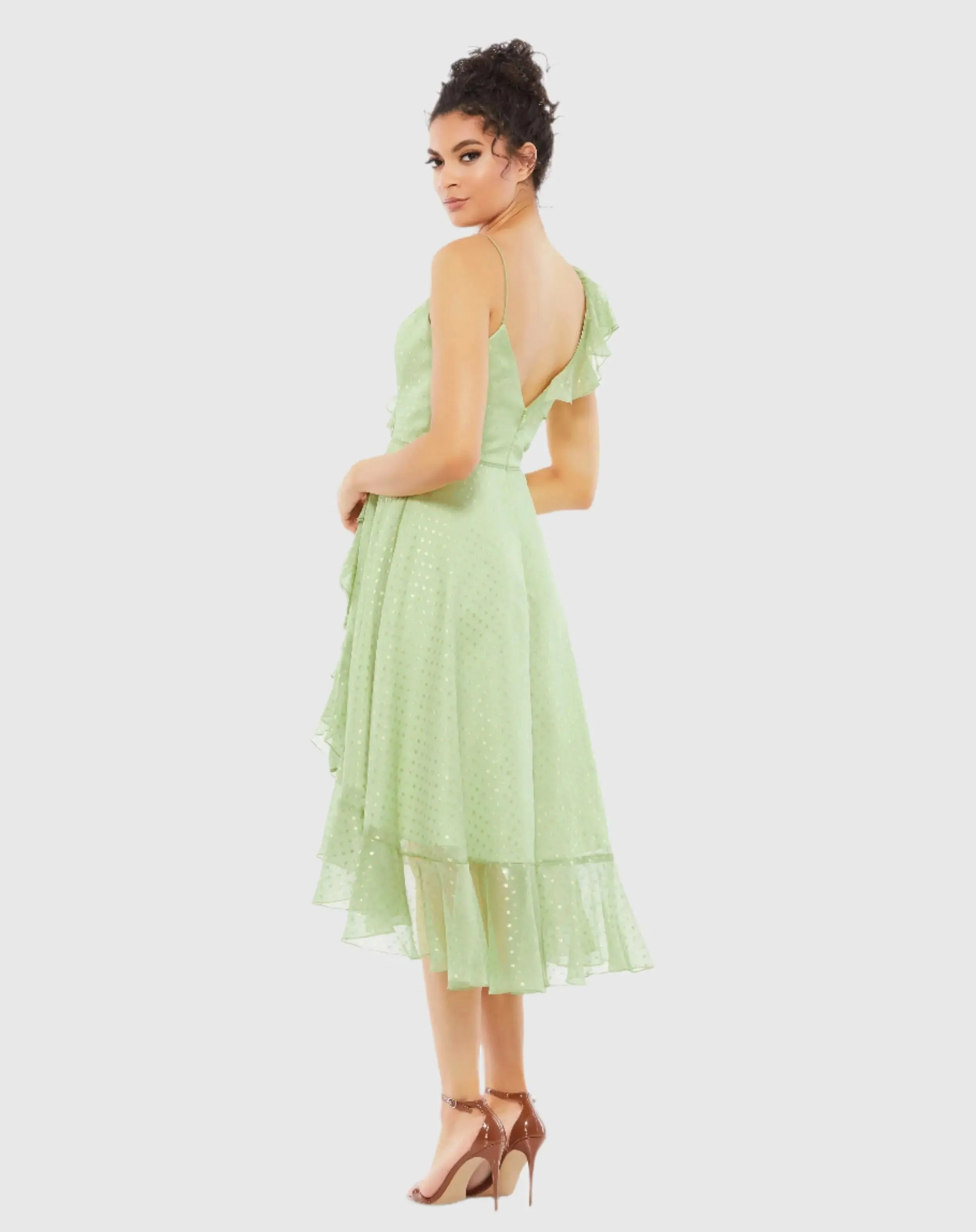 Green Ruffled Faux Wrap Polka Dot Midi Dress sold by Mac Duggal product image thumbnail 3
