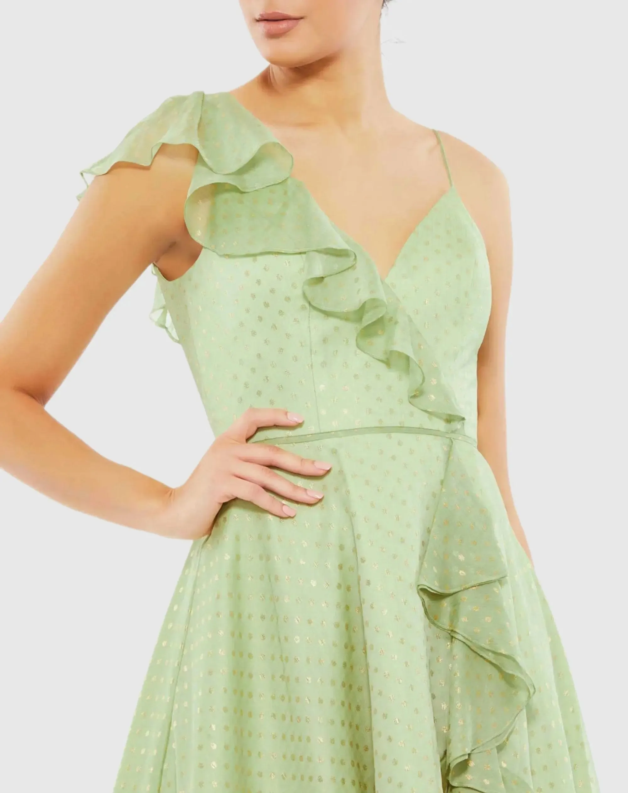 Green Ruffled Faux Wrap Polka Dot Midi Dress sold by Mac Duggal product image thumbnail 2