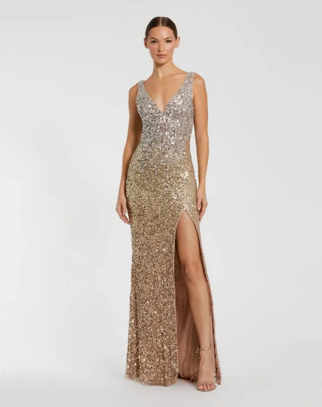Sequined Sleeveless V Neck Side Slit Gown sold by Mac Duggal