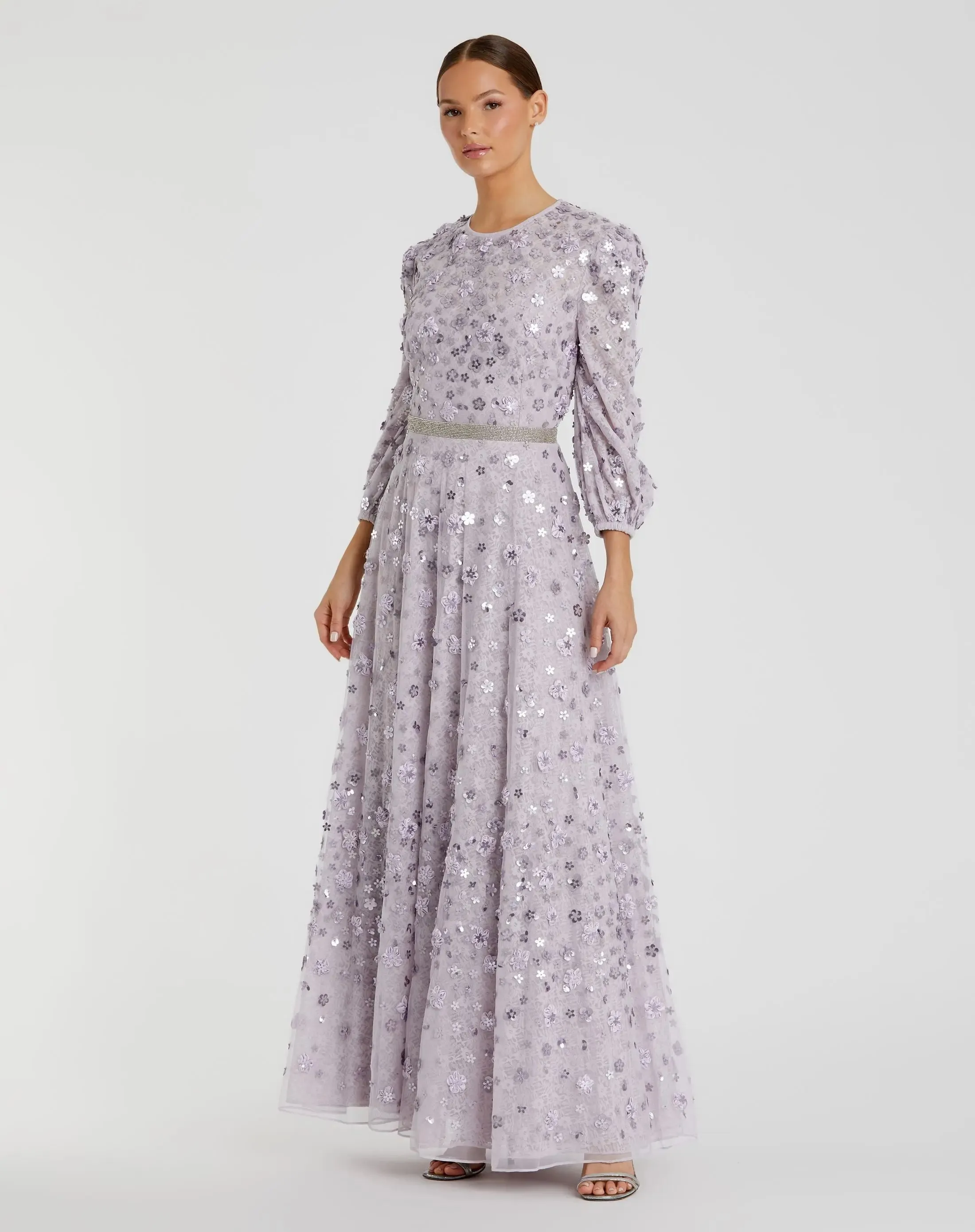 Floral Applique Puff Sleeve High Neck A-Line Gown sold by Mac Duggal