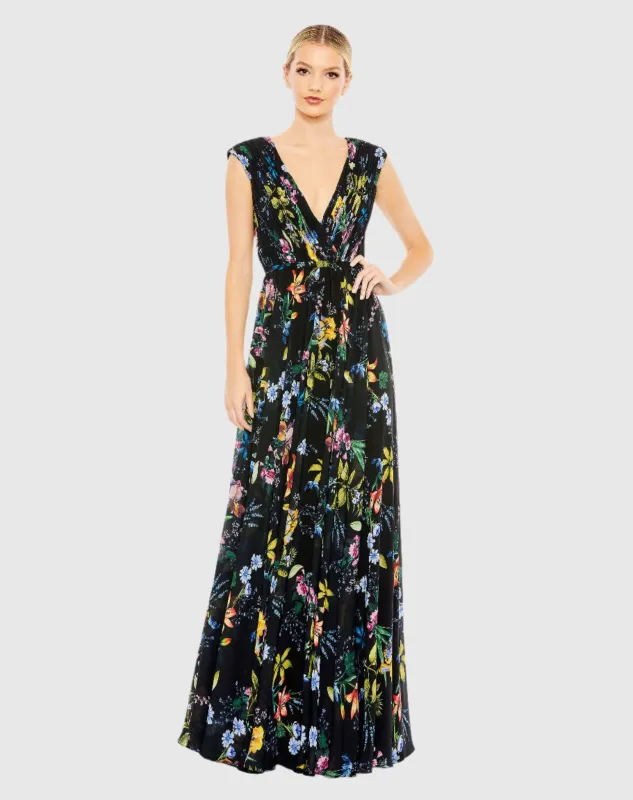 Multicolor Pleated Floral Cap Sleeve A Line Gown sold by Mac Duggal