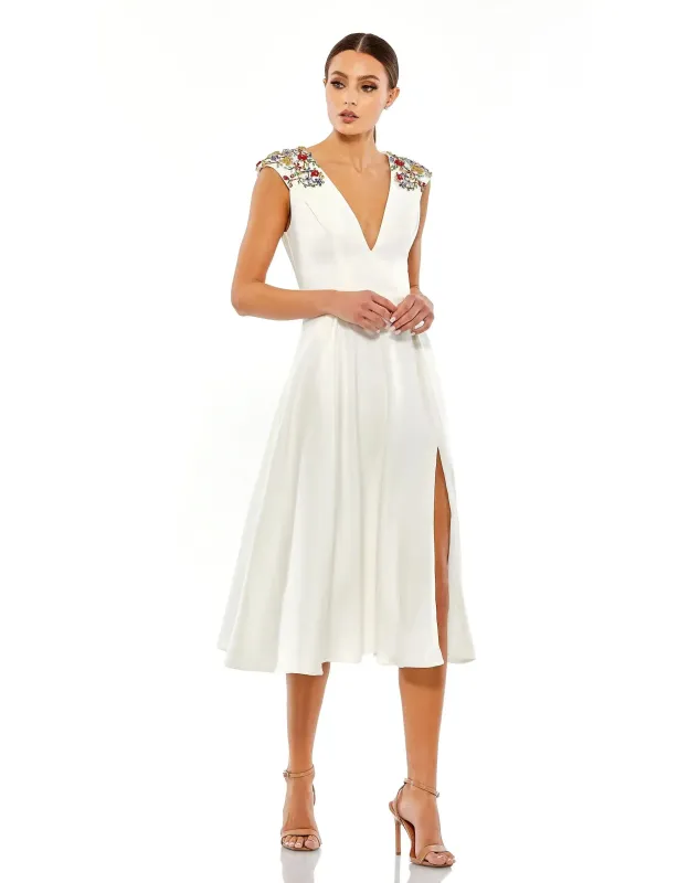 White Beaded Cap Sleeve A Line Midi Dress sold by Mac Duggal