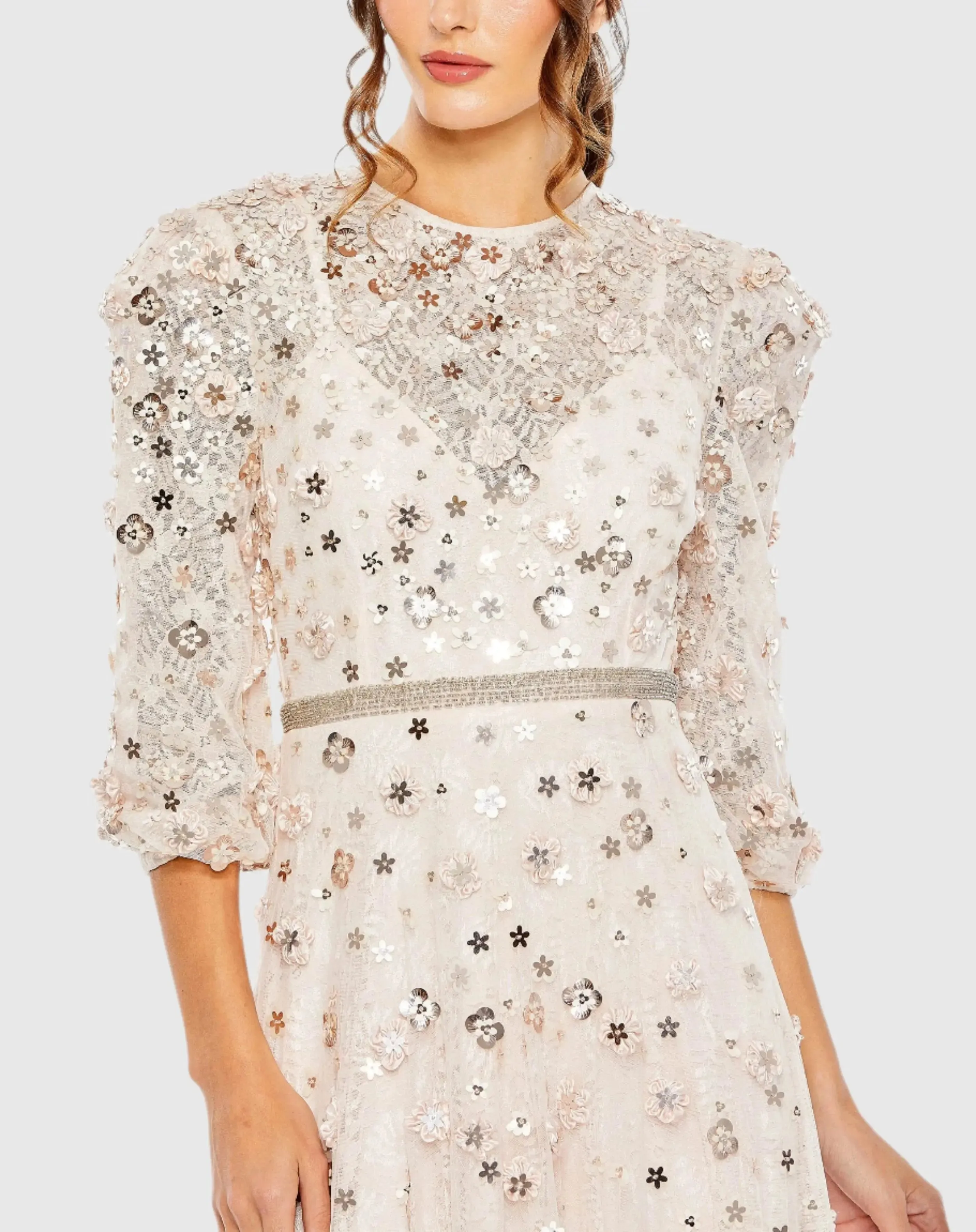 Pink Floral Applique Puff Sleeve High Neck A-Line Gown sold by Mac Duggal product image thumbnail 2