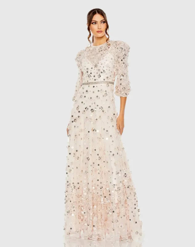 Pink Floral Applique Puff Sleeve High Neck A-Line Gown sold by Mac Duggal