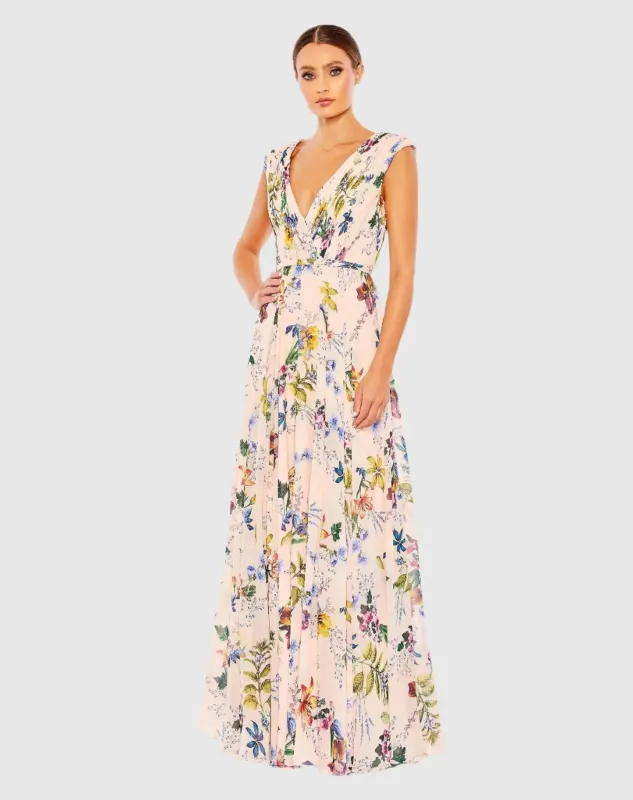 Pink Multicolor Pleated Floral Cap Sleeve A Line Gown sold by Mac Duggal