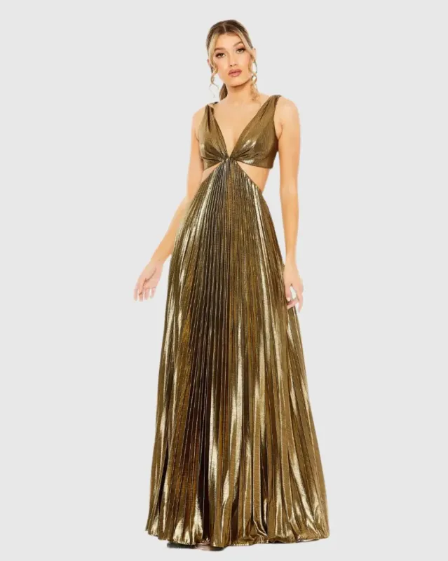 Gold Pleated Metallic Cutout Gown sold by Mac Duggal