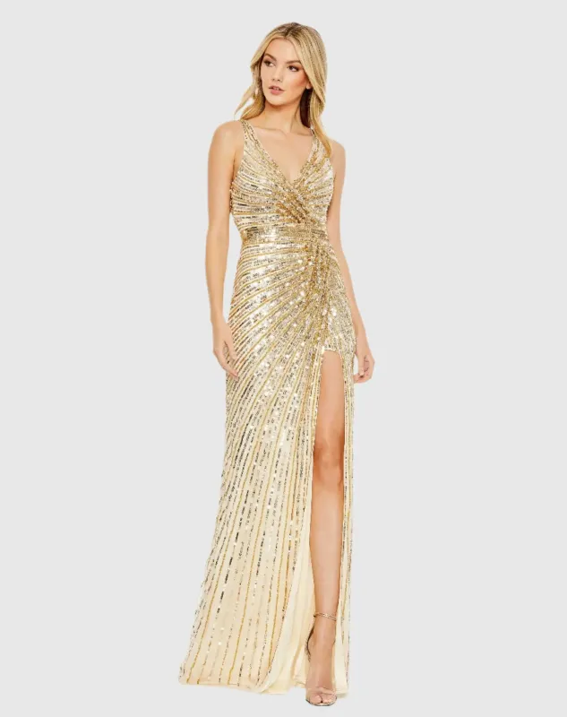 Gold Sequined Faux Wrap Sleeveless Gown sold by Mac Duggal