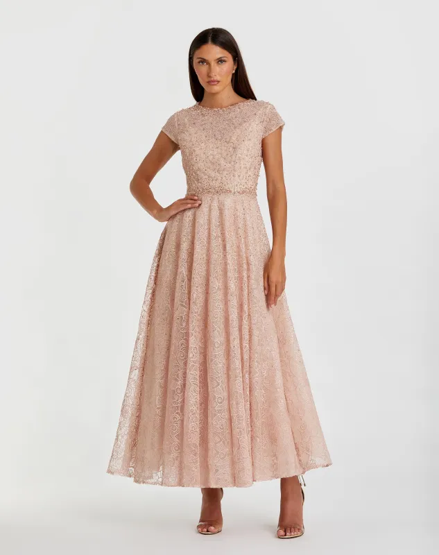 Pink Embellished Cap Sleeve A Line Dress sold by Mac Duggal