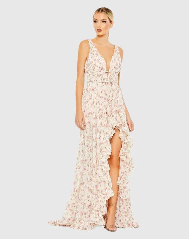 Multicolor Floral Print Sleeveless Ruffled High-Low Gown sold by Mac Duggal