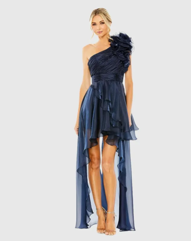 One Shoulder Ruffle High Low Gown sold by Mac Duggal