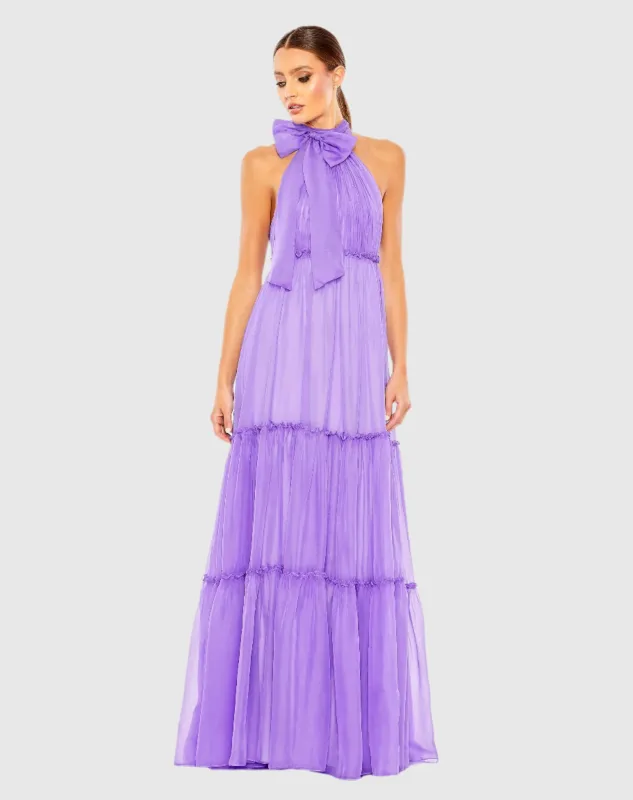 Ruched Tiered High Neck Bow A Line Gown sold by Mac Duggal