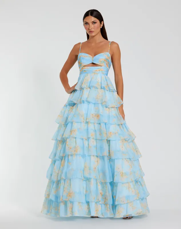 Floral Cut Out Ruffle Tiered Gown sold by Mac Duggal