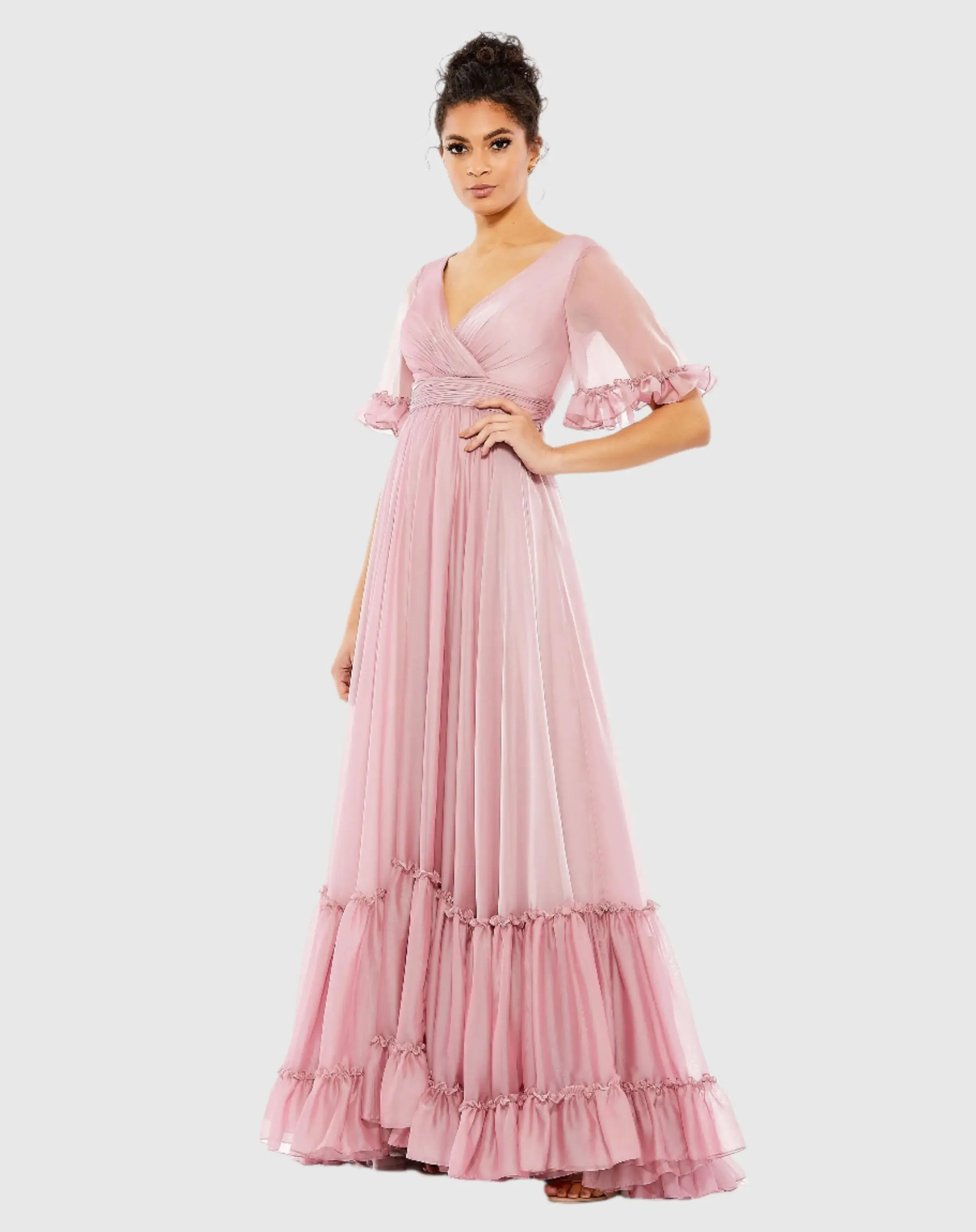 Butterfly Ruffle Trimmed Sleeve Wrap Over Flowy Gown sold by Mac Duggal
