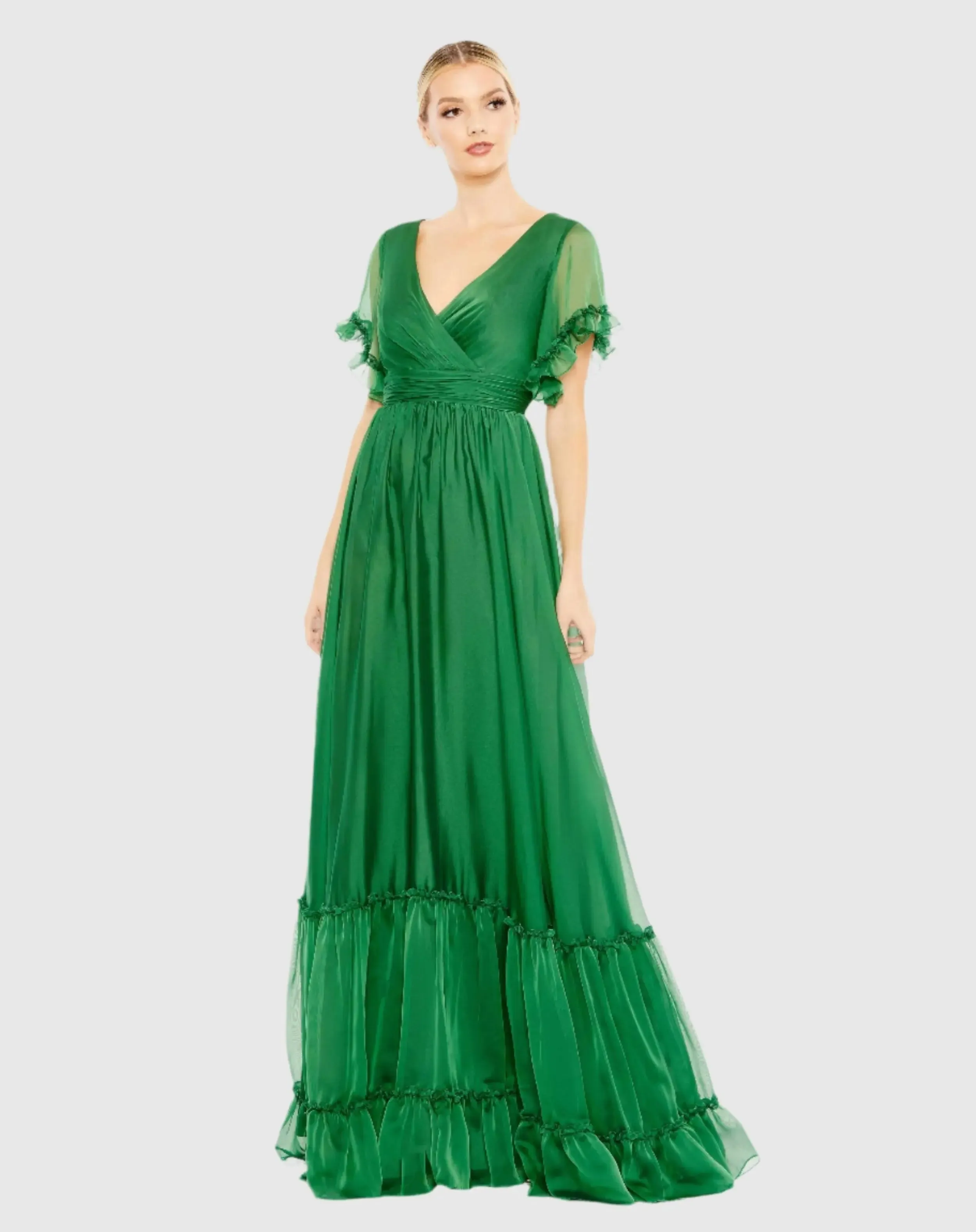 Butterfly Ruffle Trimmed Sleeve Wrap Over Flowy Gown sold by Mac Duggal product image thumbnail 2