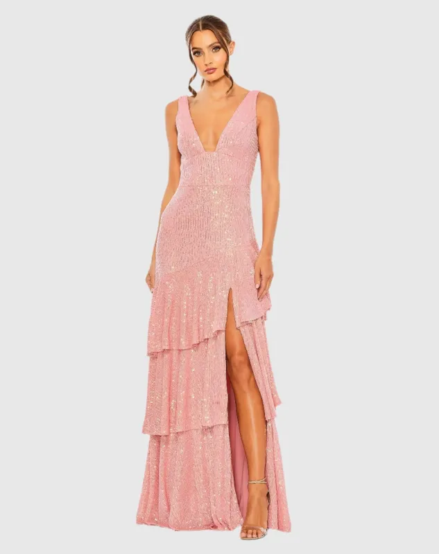 Sequin Asymmetrical Ruffle Tiered Gown sold by Mac Duggal
