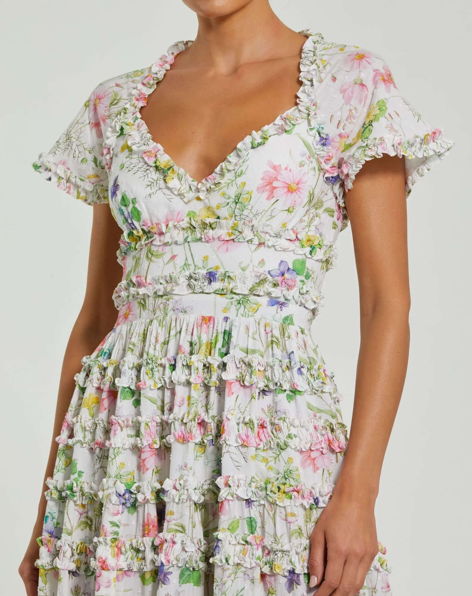 White Floral Ruffle Open Back Cotton Midi Dress sold by Mac Duggal product image thumbnail 2
