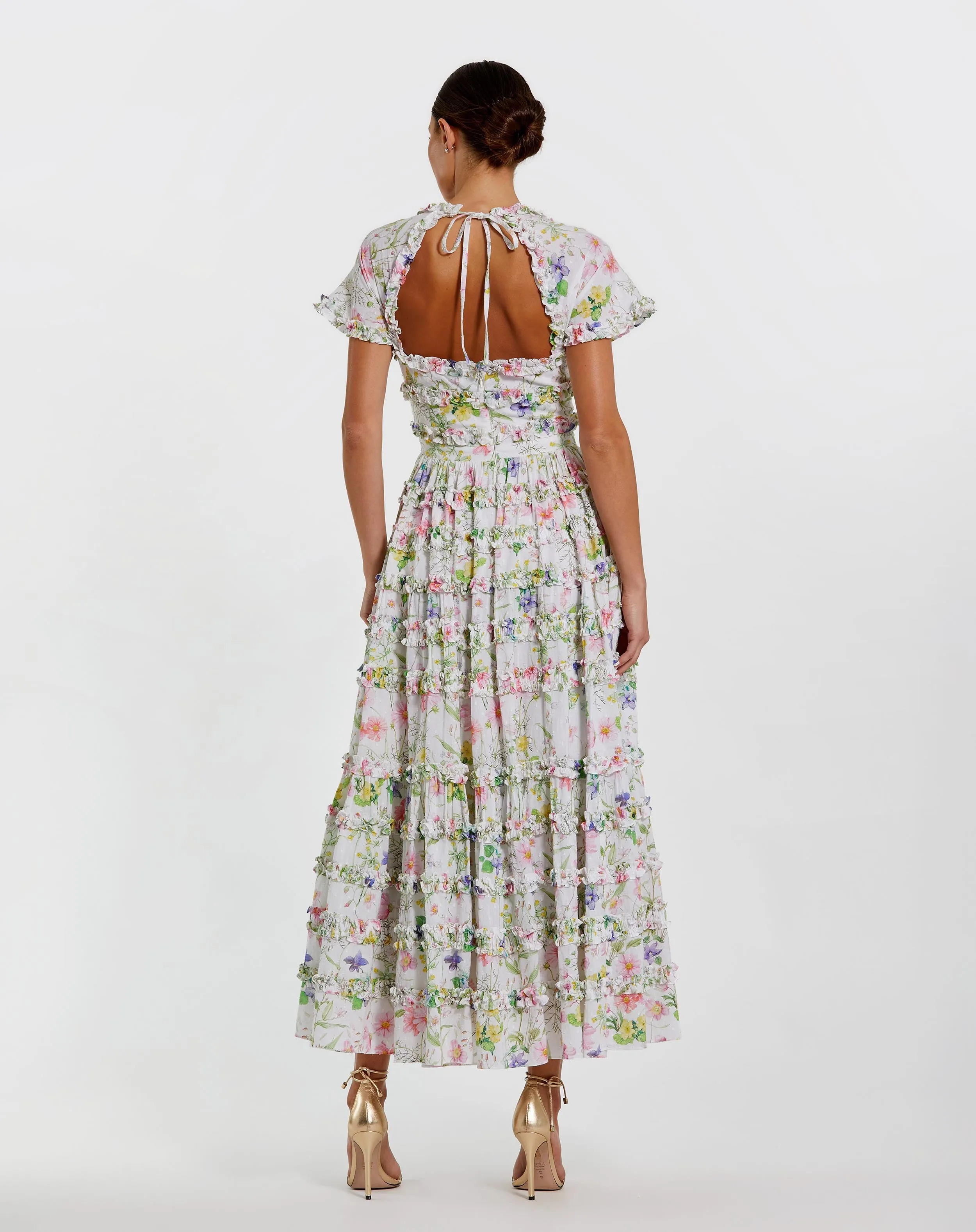 White Floral Ruffle Open Back Cotton Midi Dress sold by Mac Duggal product image thumbnail 3