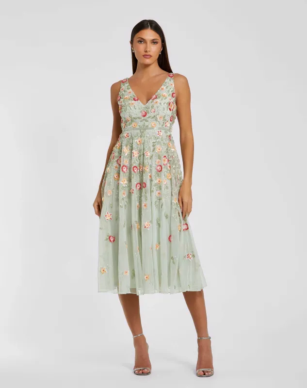 Green V-Neck Sleeveless Midi Floral Beaded A-line Dress sold by Mac Duggal