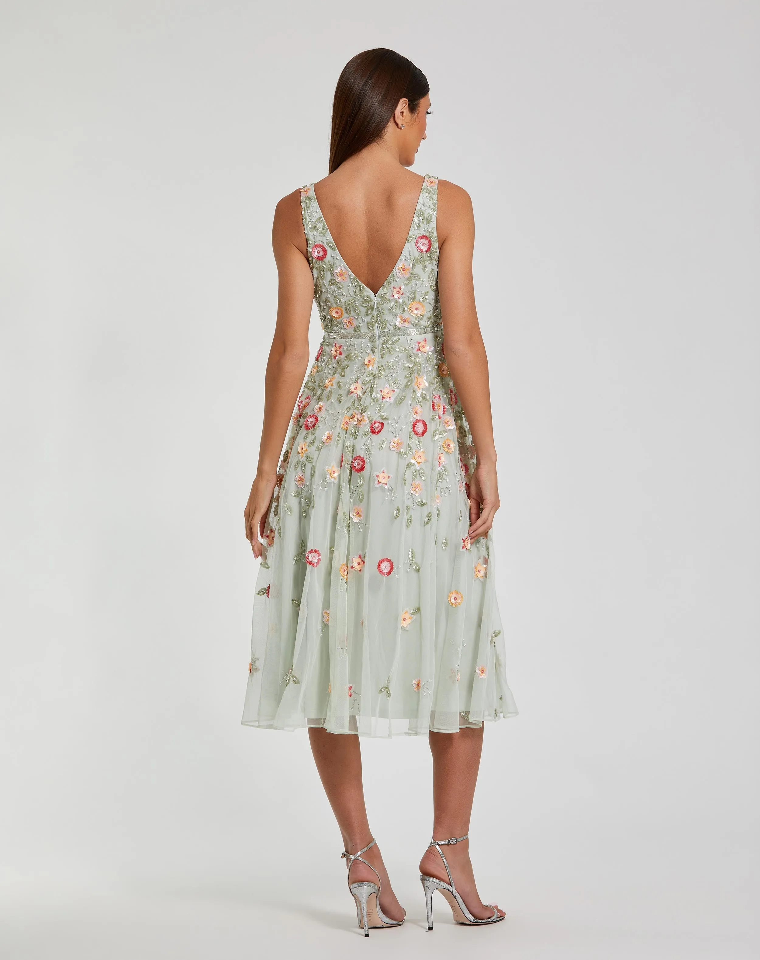 Green V-Neck Sleeveless Midi Floral Beaded A-line Dress sold by Mac Duggal product image thumbnail 2