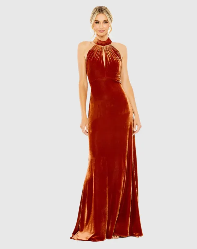 Halter Tie Front Slit Velvet Column Gown sold by Mac Duggal